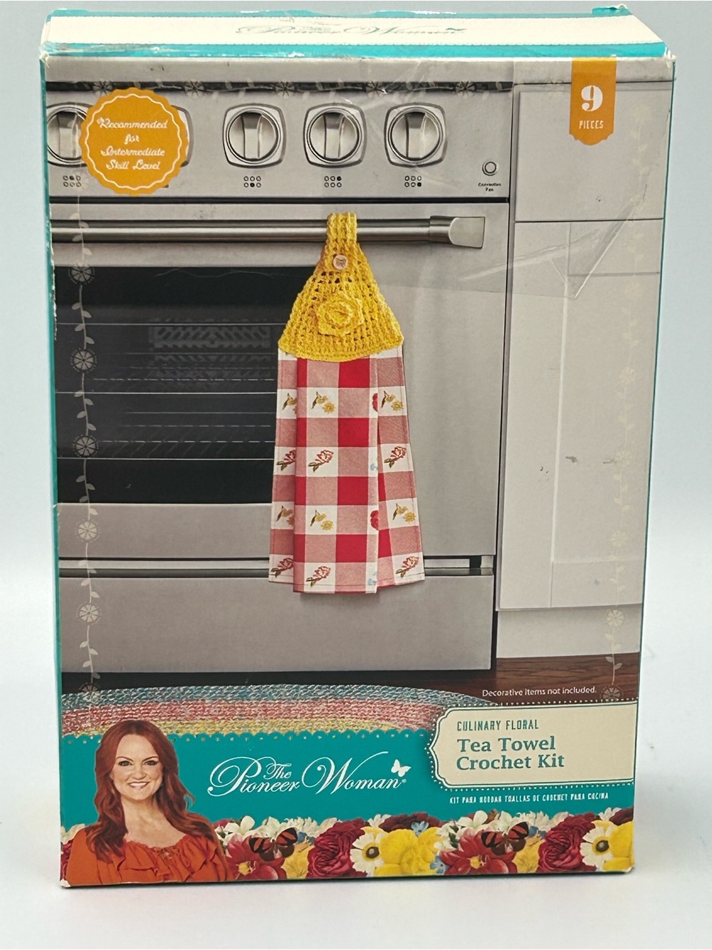 The Pioneer Woman Yellow Crochet-Top Red and White Check Tea Towel Kit
